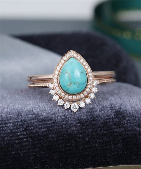 Turquoise Engagement Ring Set Rose Gold Vintage Pear Shaped Halo