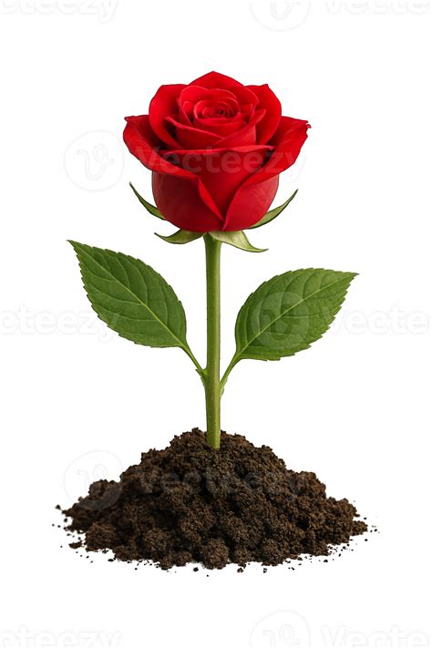 Realistic Red Rose Growing from Soil Flat Lay Isolated on Transparent
