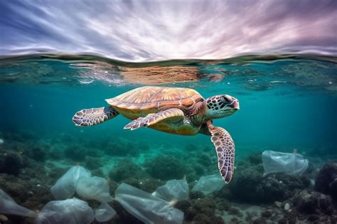 Premium Photo | Plastic pollution in the ocean around the turtle