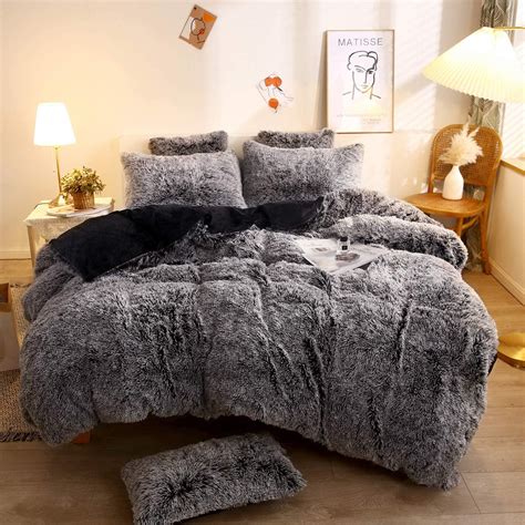 Xege 3 Piece Faux Fur Duvet Cover Set Luxury Long Plush Fuzzy Comforter Cover Set Ultra Soft