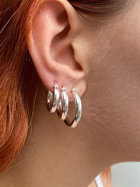 925 Sterling Silver Chunky Hoop Earrings 4 Mm Thick 18 20 Etsy