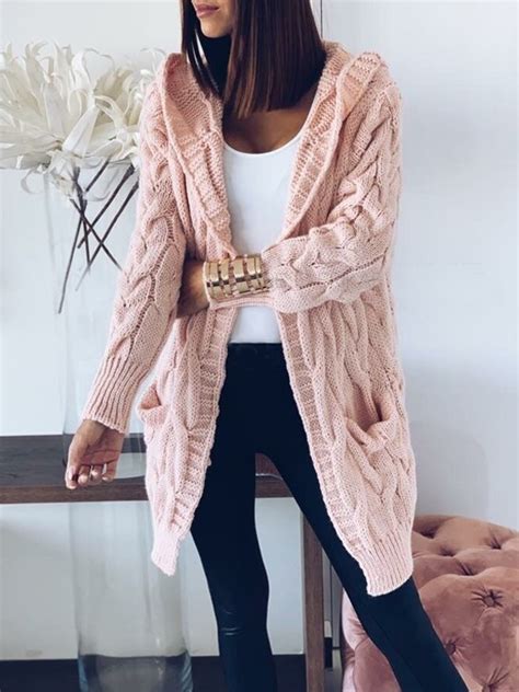 Rosa Zopfmuster Taschen Mit Kapuzen Langarm Oversize Lässige Cardigan