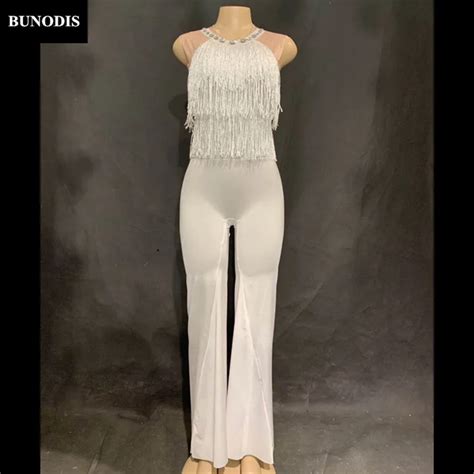 Zd462 Women Sexy Silver Tassel Jumpsuit Material Spandex Sparkling Crystals Nightclub Party