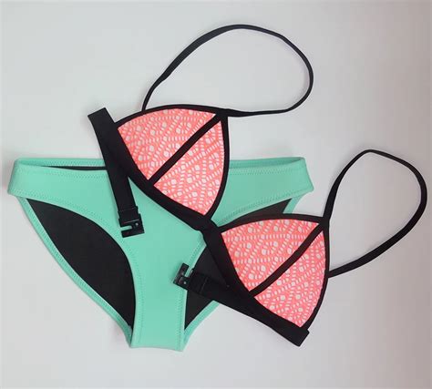 2016 Sexy Women Mesh Neoprene Swimwear Patchwork Neoprene Bikini Neon