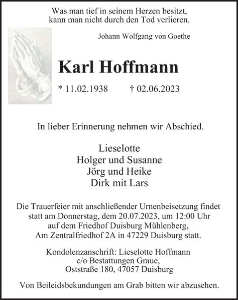 Traueranzeigen Von Karl Hoffmann Trauer In Nrw De