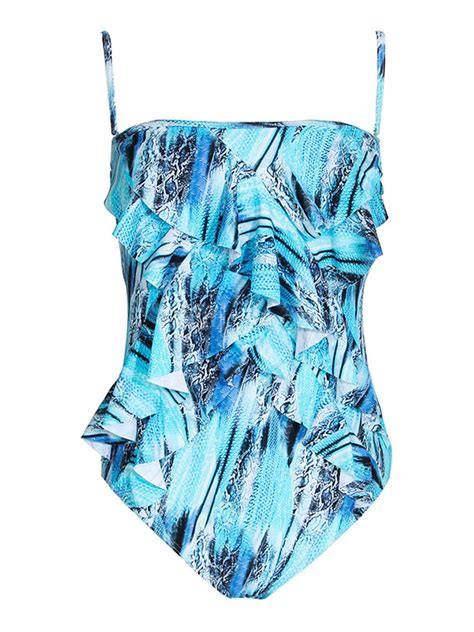 One Piece Swimsuit Blue Strappy Sleeveless Ruffle Printed Slim Fit