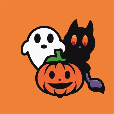 Lindo Fantasma De Halloween Con Calabaza Malvada Y Gato Negro