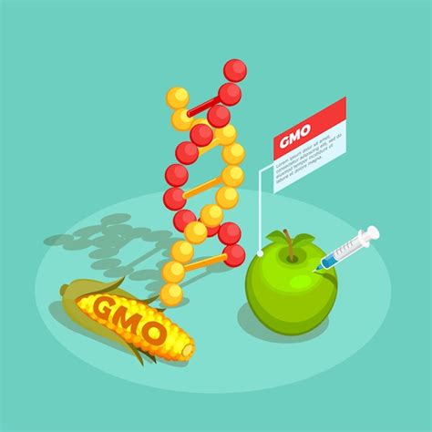 Free Vector Gmo Food Isometric Composition On Turquoise Background With Dna Molecule