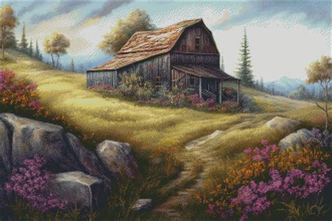 Hillside Block Barn Counted Cross Stitch Patterns Printable Chart Pdf