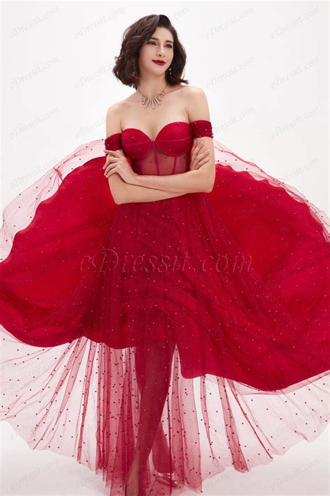 Red Off Shoulder Polyester Boned Sheer Shiny Tulle Dress 00210102