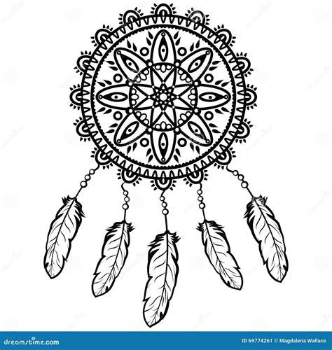 Dream Catcher Graphic In Black And White Decorated With Feathers And