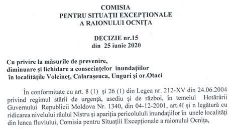 Comisia pentru situații excepționale a raionului Ocnița Decizie nr 15