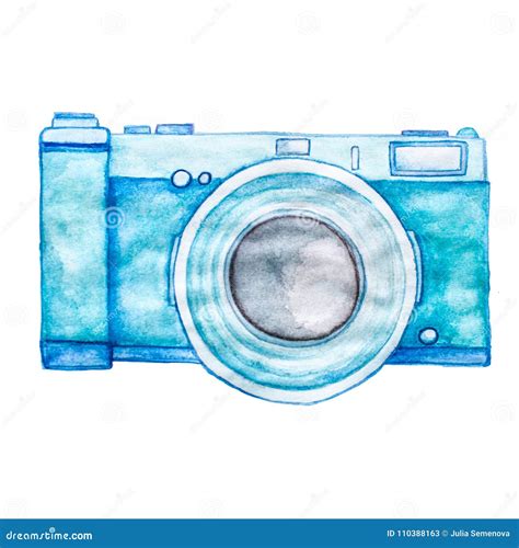 Watercolor Blue Photo Camera Isolated On White Background Stock