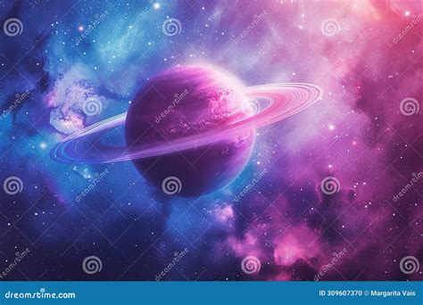 Planet With Rings In The Galaxy In Pastel Blue Pink Colors Fantasy