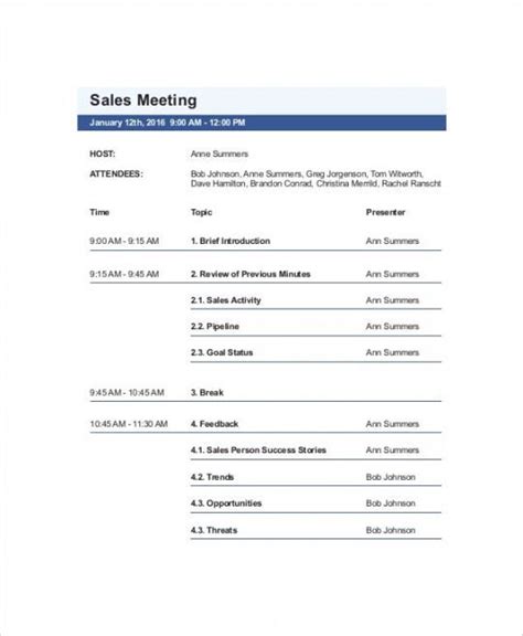 Editable Sales Meeting Agenda Template 11 Free Word Pdf Monthly