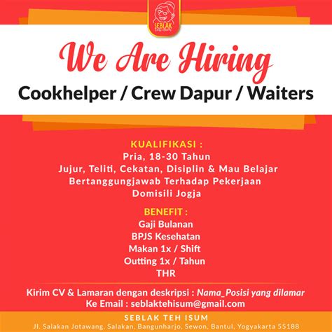 Lowongan Kerja Cook Helper Crew Dapur Waiters Di Seblak Teh Isum