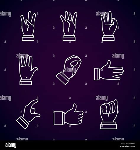 Hands Sign Language And Expressions Icon Set Over Purple Background