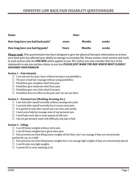 Fillable Online Oswestry Low Back Pain Score Orthopaedic Scores Fax