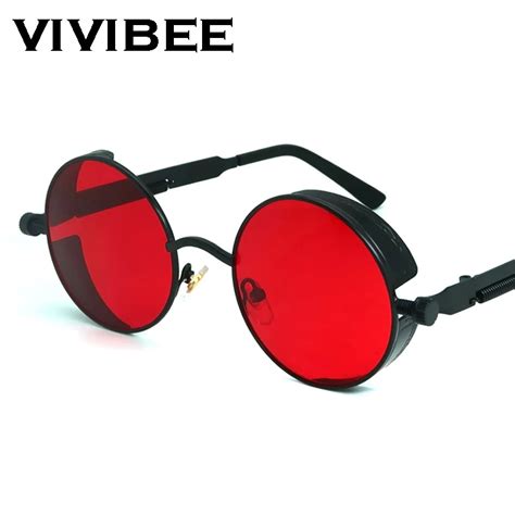 Vivibee Vintage Steampunk Rote Sonnenbrille M Nner Runde Punk Legierung