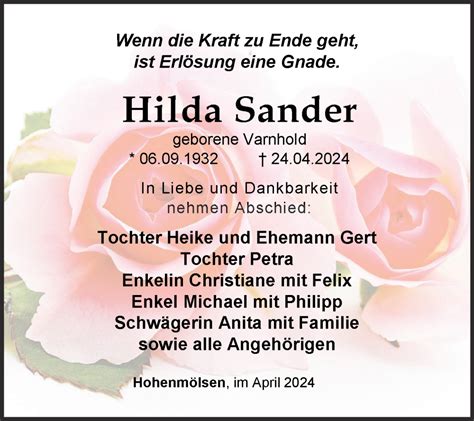 Traueranzeigen Von Hilda Sander Abschied Nehmen De