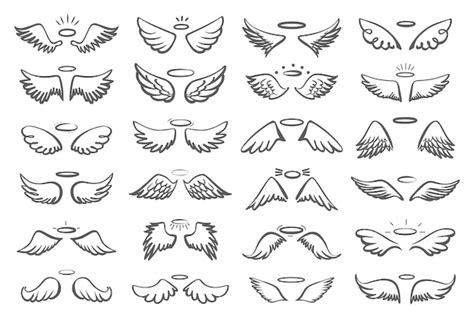 Premium Vector Hand Drawn Wings With Halo Holy Angels Symbols Sketch