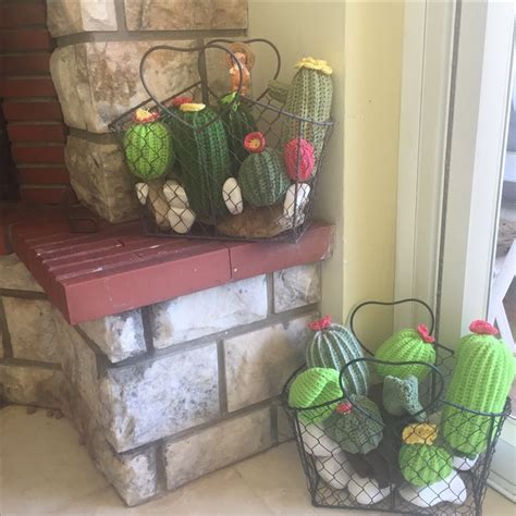 Two Baskets With Cacti In Them Sitting Next To A Brick Wall