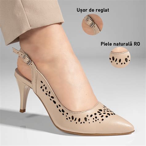 Sandale Dama Perforate Cu Toc Subtire Bej Din Piele Naturala Mod