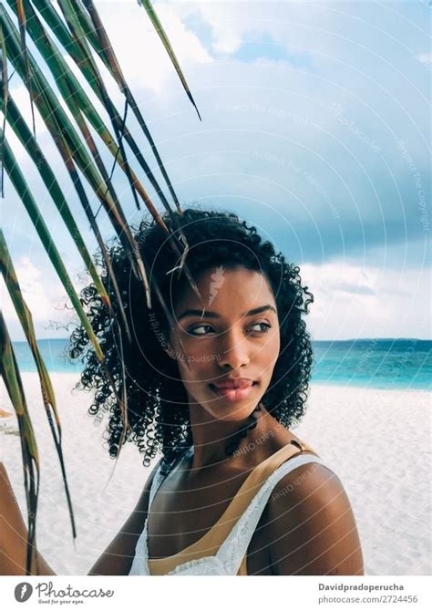 Woman In The Maldives Island Beach With A Palm Tree Leaf A Royalty