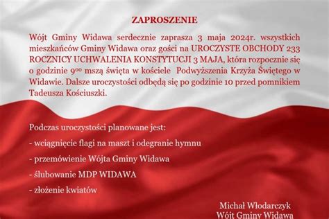 Widawa Zaproszenie na Uroczyste Obchody 3 maja ŁaskOnline pl