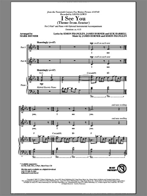 Horner I See You Theme From Avatar Sheet Music For Choir 2 Part