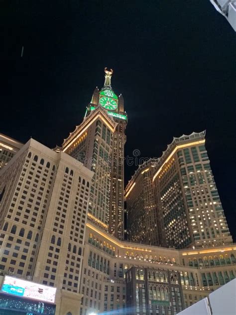 Clock Tower At Night At Mecca Saudi Arabia Editorial Stock Image