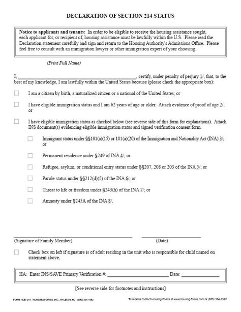 Hud 214 Declaration Of Section 214 Status Housing Forms