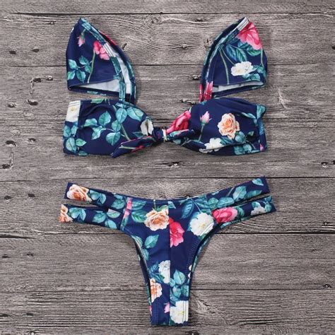 Hot Flower Bikini Set Retro Print Women Push Up Sexy Ruffles