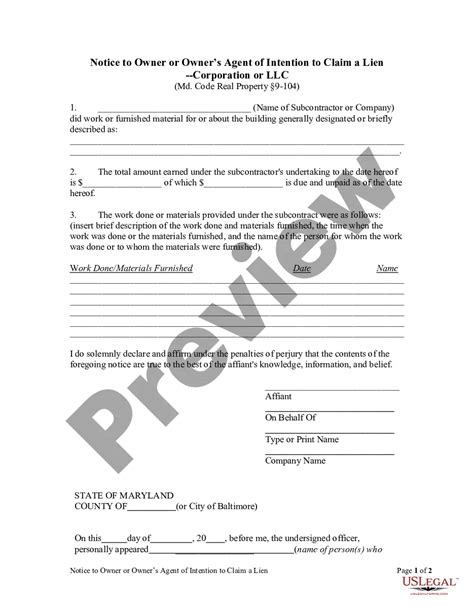 Maryland Notice To Owner Or Owners Agent Of Intention To Claim A Lien