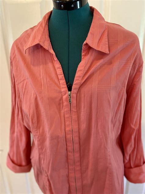 Sag Harbor Windowpane Zip Front Blouse Shirt Womens Gem