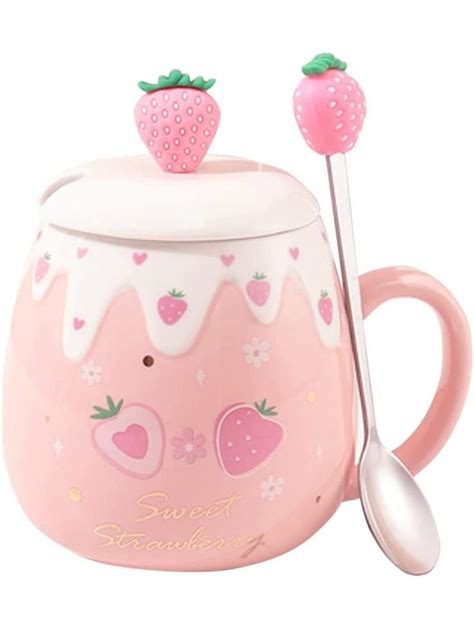 Cute Strawberry Mugs Pink Coffee Mug Ceramic Kawaii Cup Morning Tea