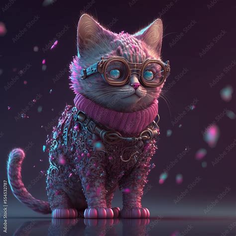 Cute Pink Cat In Futuristic 3d Glassesportrait Of A Cat In The Night