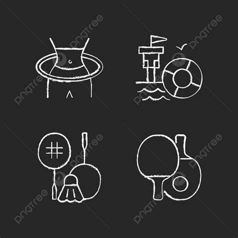 Set Of White Chalk Icons Depicting Summer Camp Activities On A Dark