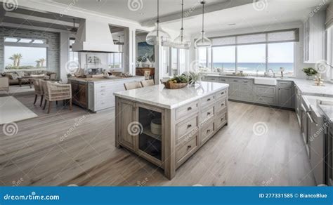 Interior Deisgn Of Kitchen In Coastal Style With Ocean View Stock