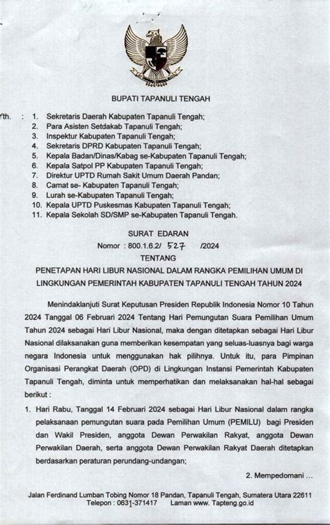 Surat Edaran Bupati Tapanuli Tengah Nomor 8001625272024 Tanggal 12 Februari 2024