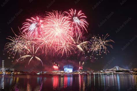 Beautiful Singapore national day fireworks at national stadium. Stock Photo | Adobe Stock