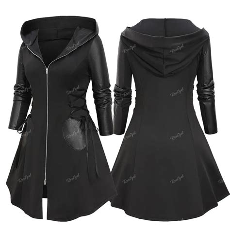 Rosegal Plus Size Hooded Zipper Coat Black Lace Up Pu Leather Patchwork