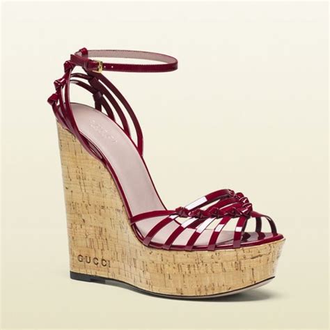 Gucci Alice Patent Leather High Heel Wedge Sandal Gem