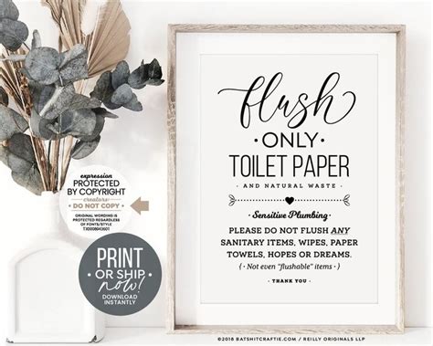 Cute Flush Only Toilet Paper Natural Waste Bathroom Sign Etsy