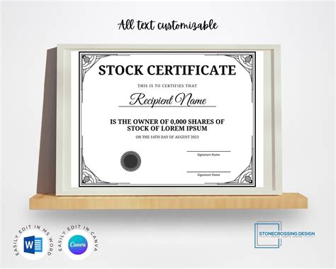 Editable Stock Certificate Template. Printable Certificate. Editable With Canva or Microsoft ...