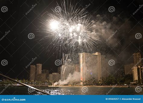 Fireworks at the Waikiki Beach on Oahu Stock Image - Image of boat ...