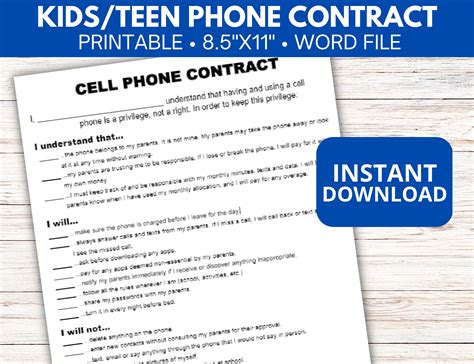 Editable Teen/kids Phone Contract, Cell Phone Contract Template, Cell