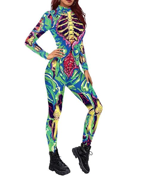 Zombie Skeleton Colorful Dance Stage Catsuit Halloween Unitard Costume ...