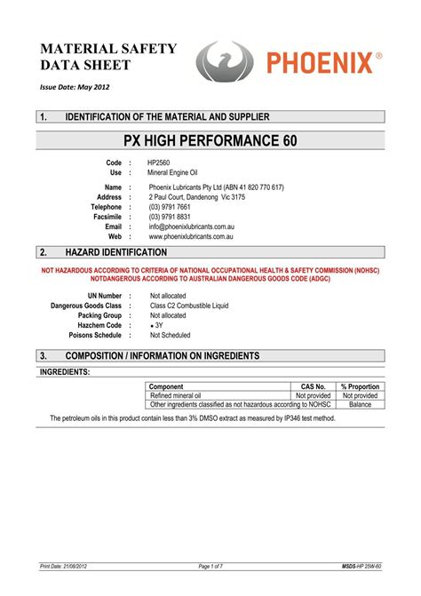 Material Safety Data Sheet Phoenix Lubricants