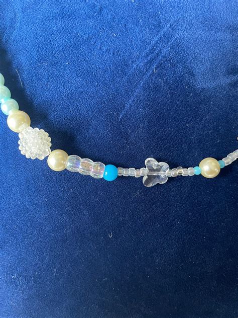 Tiktok Inspired Beaded Necklace Blue Pearls, Chain, and Iridescent